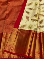 Load image into Gallery viewer, Classic Butter Cream &amp; Chilly Red 2gm Zari Elegance Kanchipuram Handloom Silk Saree SS23605
