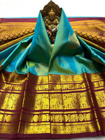 Load image into Gallery viewer, Classic Peacock Green &amp; Coffee Brown 2gm Zari Kanchipuram Handloom Silk Saree SS25827
