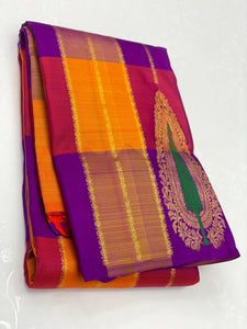 Classic Multi Orange Yellow & Purple Elegance Kanchipuram Handloom Silk Saree SS25280