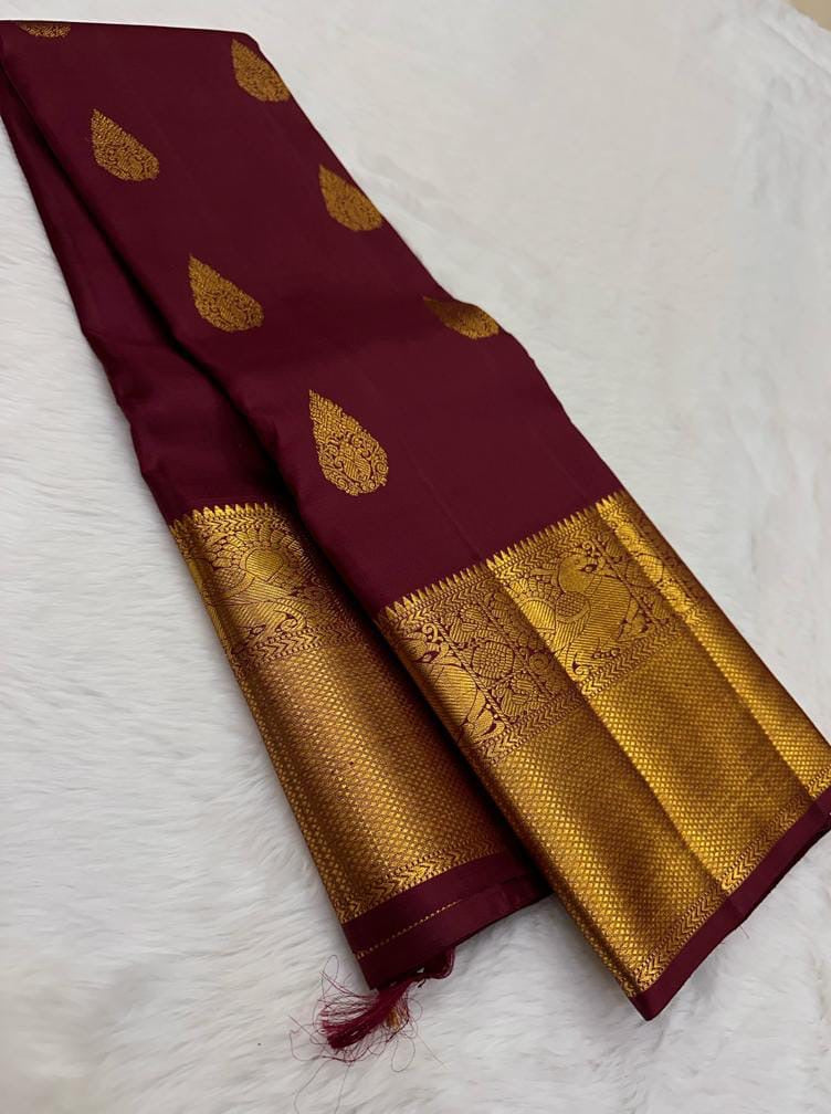 Dark Cherry Red Double Shaded 2gm Zari Bridal Elegance Kanchipuram Handloom Silk Saree SS23653