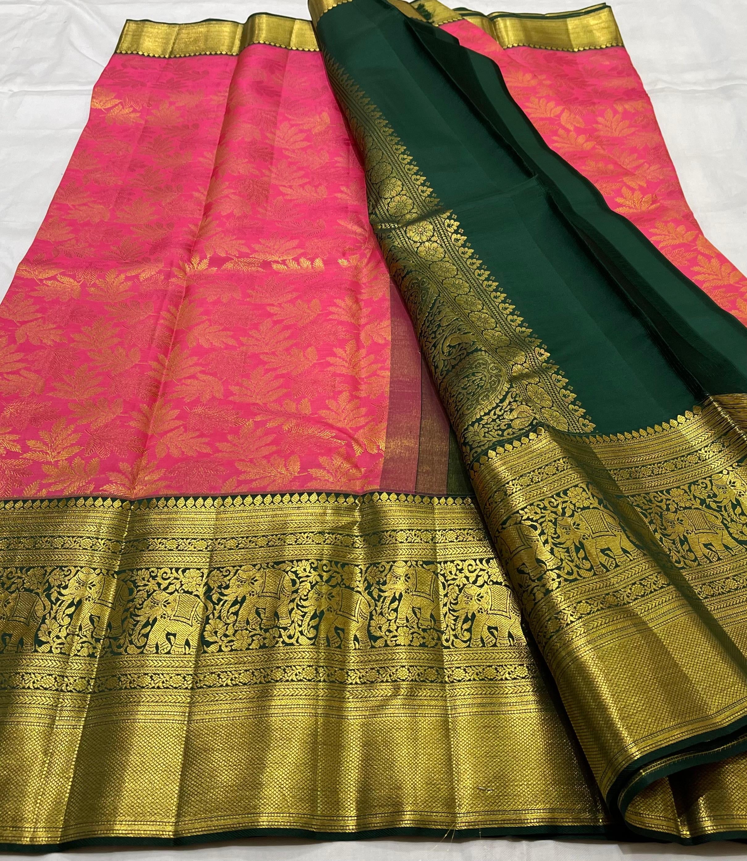 Classic Rose & Bottle Green 2gm Zari Brocade Bridal Elegance Kanchipuram Handloom Silk Saree SS23646