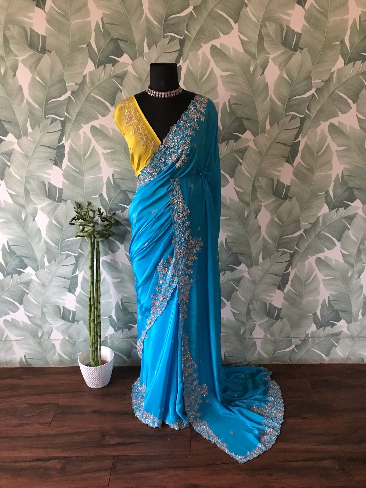 Classic Azure Blue Handwork Elegance Crepe Silk Saree SS24529