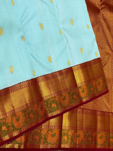 Classic Sky Blue & Barn Red 2gm Zari Meena Border Kanchipuram Handloom Silk Saree SS25594