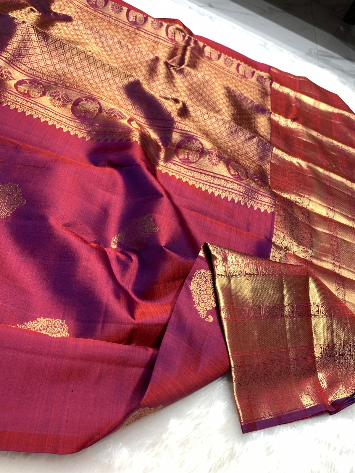 Classic Wine Pink & Onion Pink 2gm Zari Bridal Elegance Kanchipuram Handloom Silk Saree SS25445