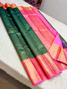 Classic Emerald Green & Baby Pink 1gm Zari Elegance Kanchipuram Handloom Silk Saree SS24043