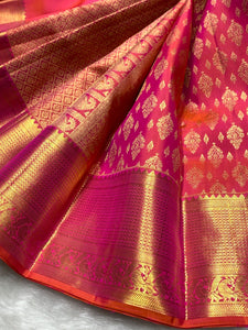 Classic Pinkish Orange 2gm Zari Bridal Elegance Kanchipuram Handloom Silk Saree SS25983