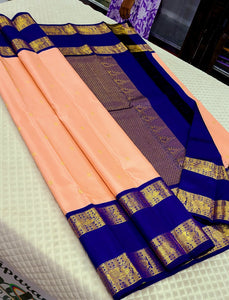 Classic Peach & Royal Blue 2gm Zari Kanchipuram Handloom Silk Saree SS26191