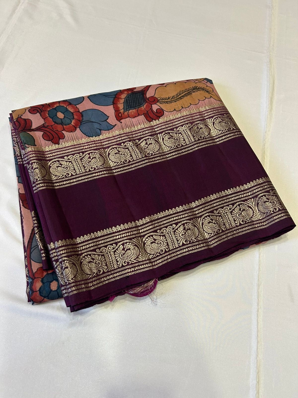 Classic Purple Pen Kalamkari Peacock Floral Elegance Kanchipuram Handloom Silk Saree SS24436