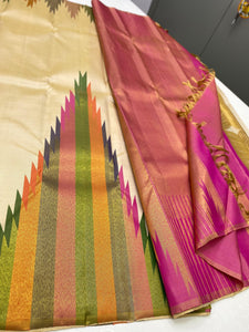 Classic Beige Rising Borders Double Side Korvai 2gm Zari Elegance Kanchipuram Handloom Silk Saree SS20220