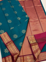 Load image into Gallery viewer, Classic Teal Green &amp; Plum Elegance Kanchipuram Handloom Silk Saree SS27842
