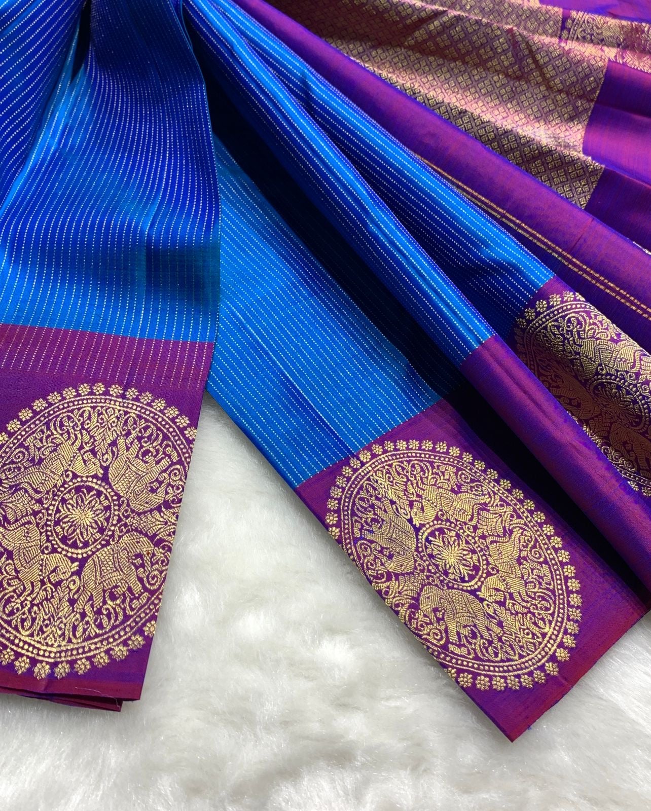 Classic Azure Blue & Purple 2gm Zari Kanchipuram Handloom Silk Saree SS25816