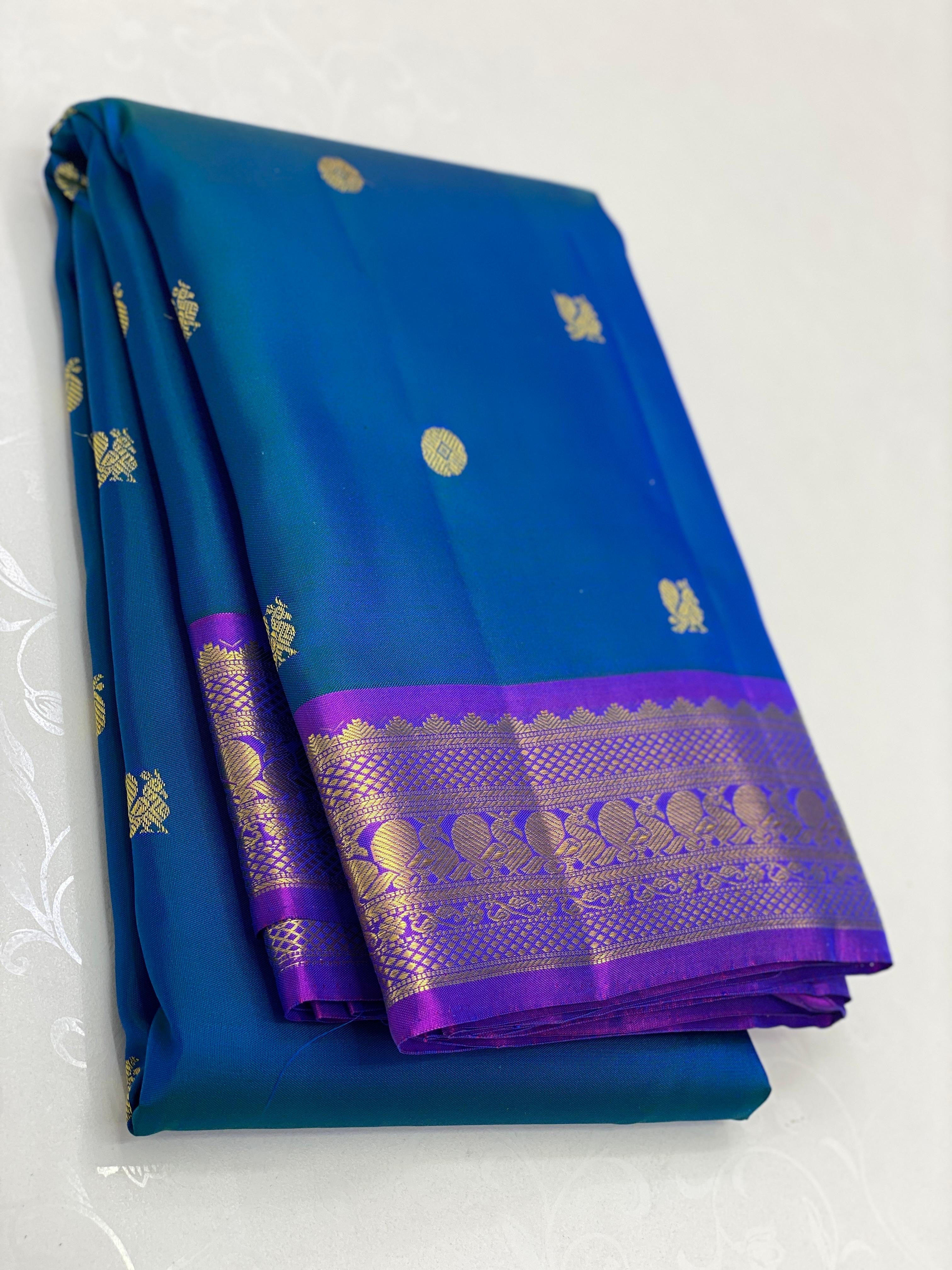 Classic Azure Blue & Purple 2gm Zari Elegance Kanchipuram Handloom Silk Saree SS23752