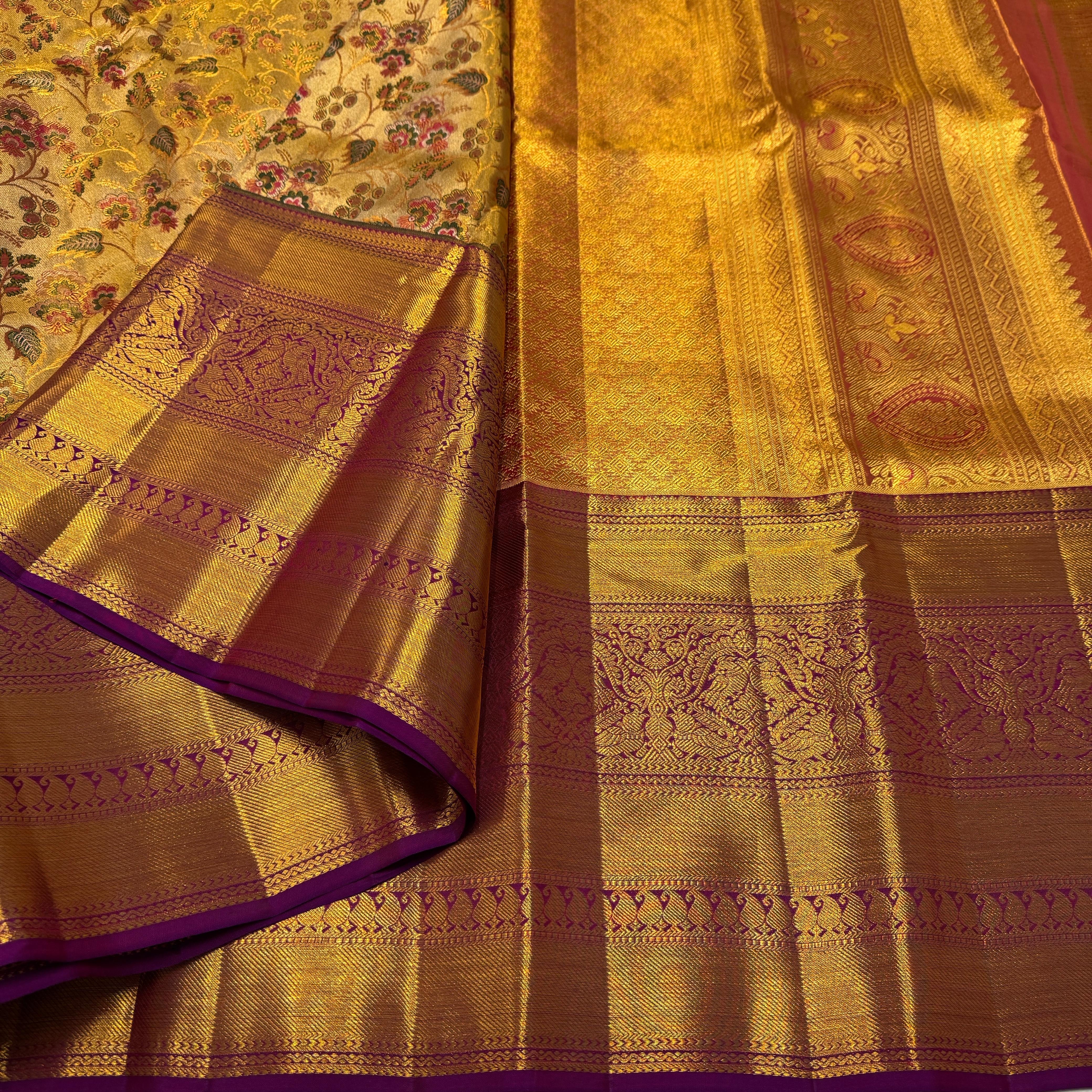 Classic Gold & Vadamalli Purple Korvai Border 1gm Zari Meena Floral Bridal Elegance Kanchipuram Tissue Handloom Silk Saree SS25353