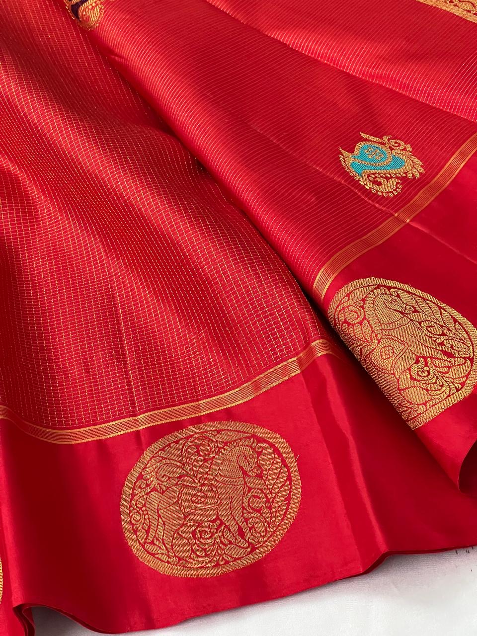 Classic Scarlet Red 2gm Zari Elegance Kanchipuram Handloom Silk Saree SS24131