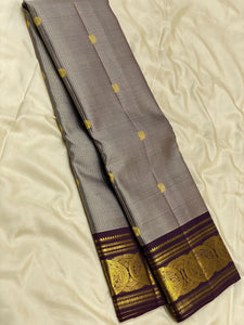 Classic Cement Grey & Chocolate Brown 2gm Zari Vaira Oosi Elegance Kanchipuram Handloom Silk Saree SS25327