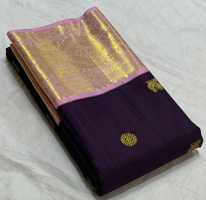 Classic Plum & Lilac Pink 2gm Zari Elegance Kanchipuram Handloom Silk Saree SS24472