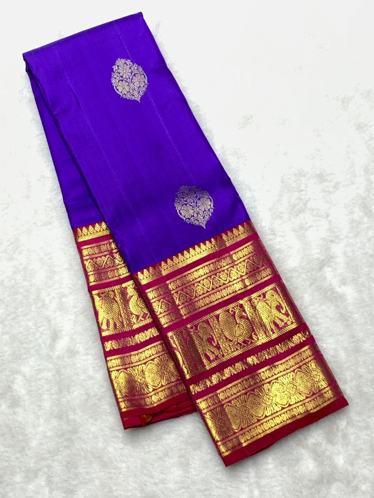 Classic Bluish Violet & Ruby Pink 2gm Zari Bridal Elegance Kanchipuram Handloom Silk Saree SS22872