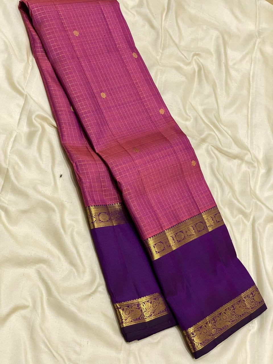 Classic Onion Pink & Violet 2gm Zari Vaira Oosi Kanchipuram Handloom Silk Saree SS25588