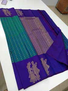 Classic Peacock Blue & Violet Elegance Kanchipuram Handloom Silk Saree SS24121