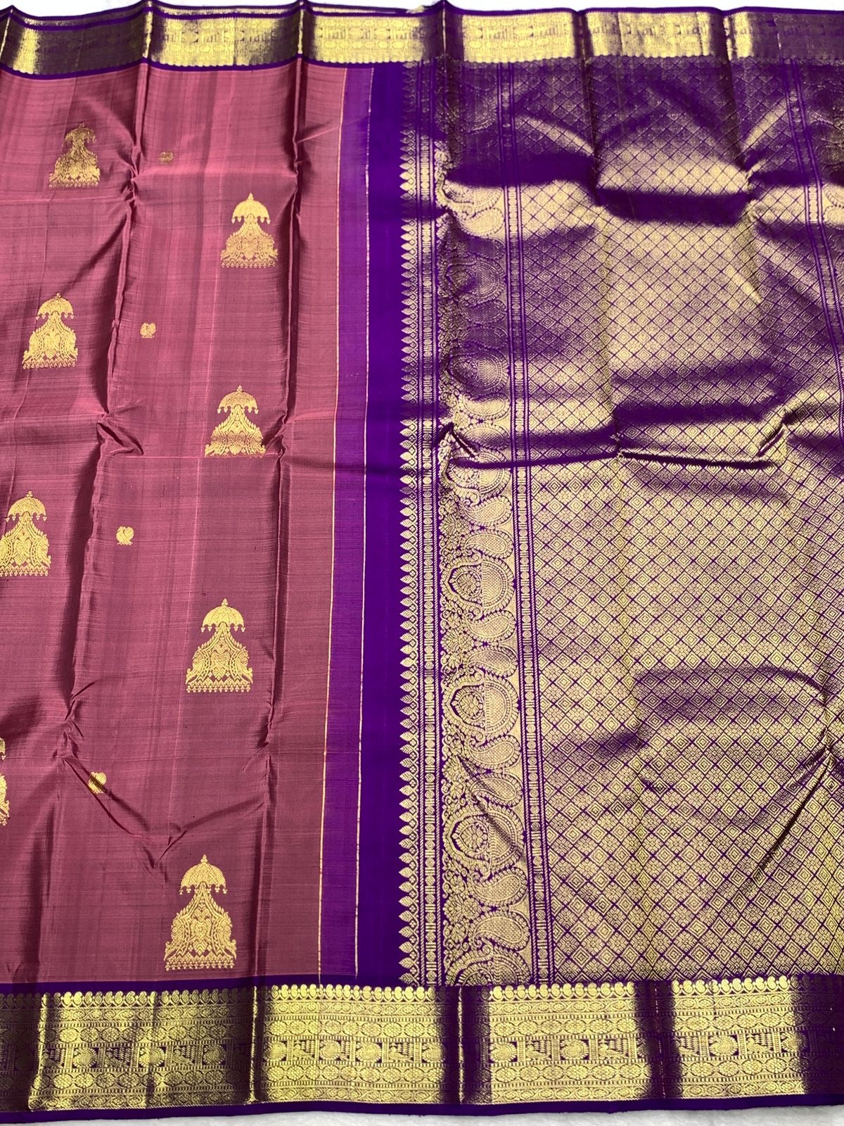Classic Dusky Plum & Violet 2gm Zari Kanchipuram Handloom Silk Saree SS25821