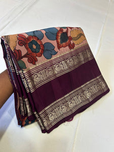 Classic Purple Pen Kalamkari Peacock Floral Elegance Kanchipuram Handloom Silk Saree SS24436