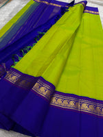 Load image into Gallery viewer, Classic Lime Green &amp; Royal Blue 2gm Zari Korvai Checks Elegance Kanchipuram Handloom Silk Saree SS27814
