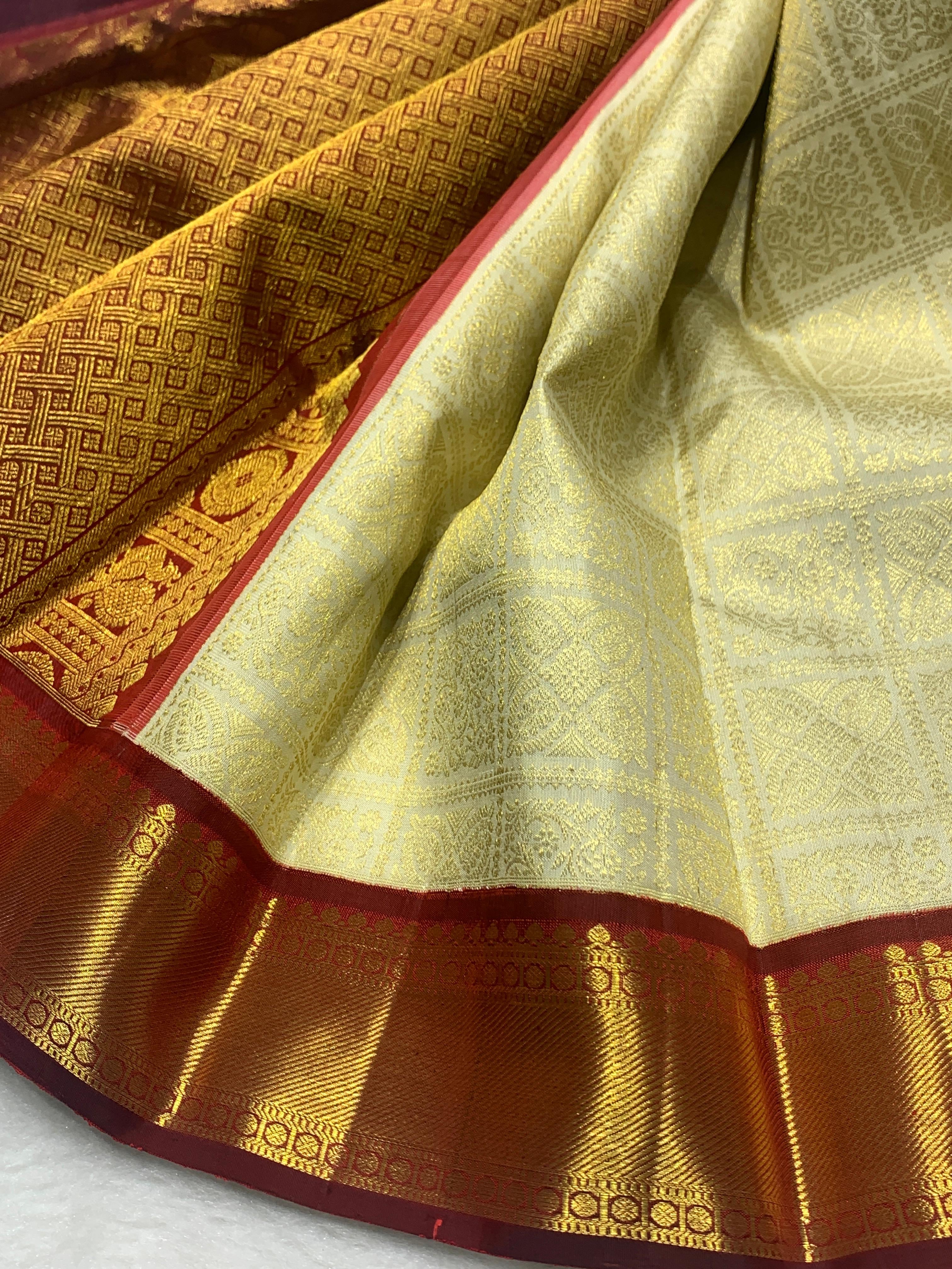 Classic Pearl Beige & Burnt Brown 2gm Zari Bridal Elegance Kanchipuram Handloom Silk Saree SS25832