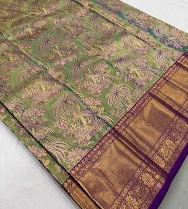 Classic Green & Violet Bridal Elegance Kanchipuram Tissue Handloom Silk Saree SS24180