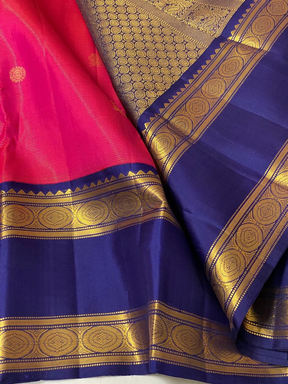 Dark Cerise Pink & Royal Blue 2gm Zari Elegance Kanchipuram Handloom Silk Saree SS20557