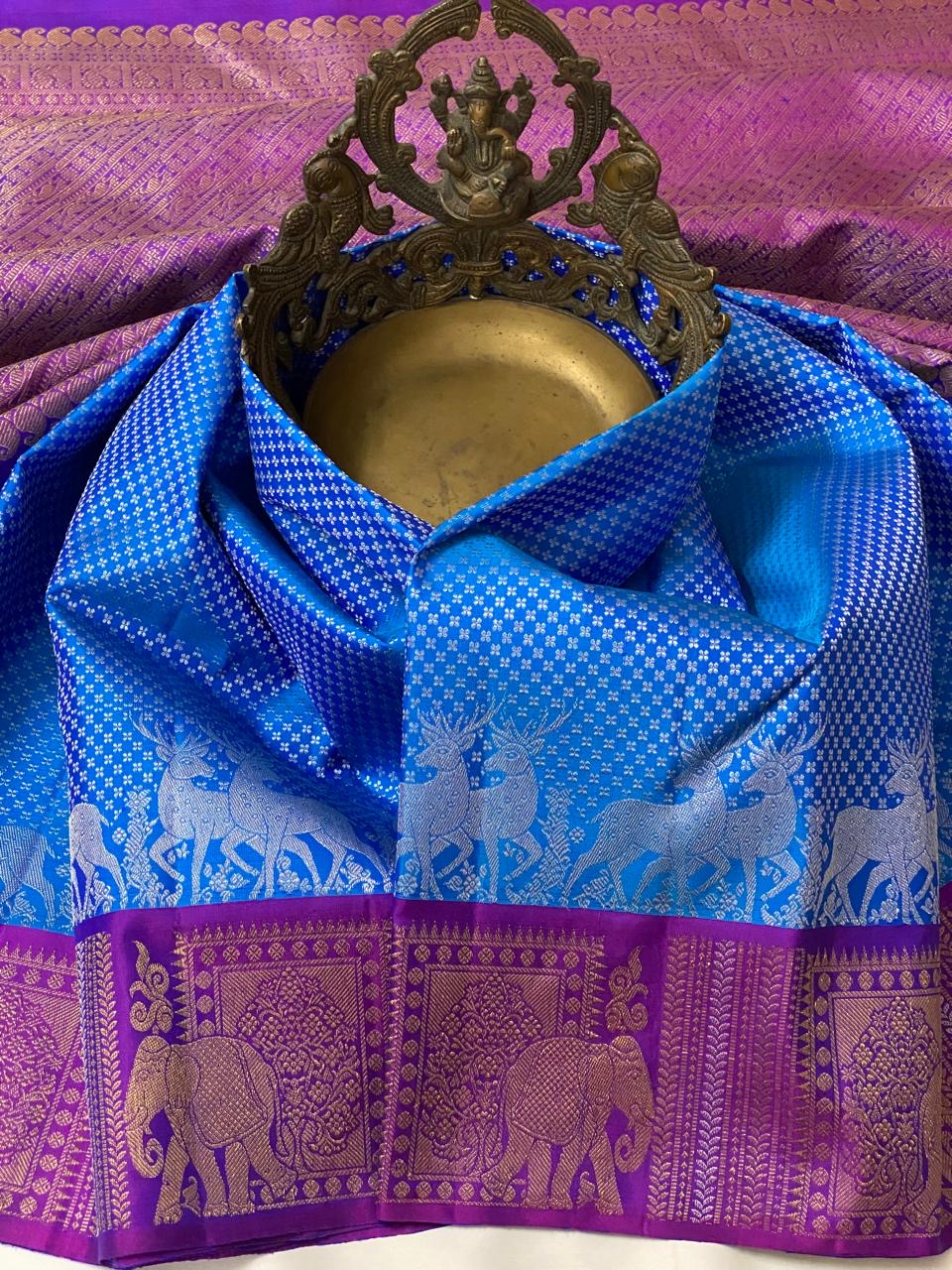 Azure Blue & Glow Purple 2 gm Zari Elegance Kanchipuram Handloom Silk Saree SS20560