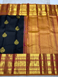 Classic Charcoal Black & Mustard 2gm Zari Kanchipuram Handloom Silk Saree SS25829