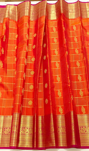 Classic Orange & Rani Pink 2gm Zari Vaira Oosi Elegance Kanchipuram Handloom Silk Saree SS25268