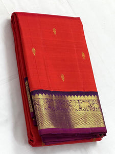 Classic Fiery Orange & Violet 2gm Zari Kanchipuram Handloom Silk Saree SS25629
