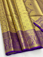 Load image into Gallery viewer, Shimmer Gold &amp; Violet 1gm Zari Elegance Kanchipuram Handloom Silk Saree SS24239
