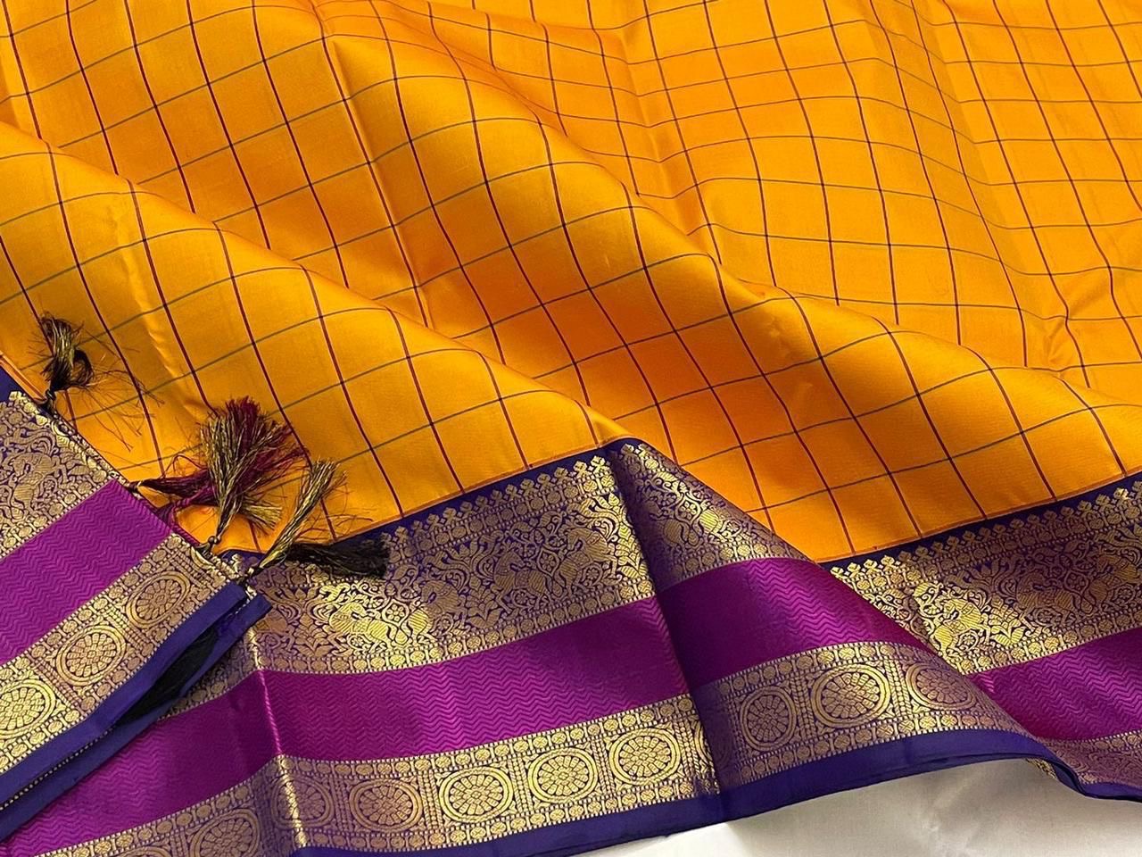 Classic Golden Yellow & Wine Berry 1gm Zari Elegance Kanchipuram Handloom Silk Saree SS24712