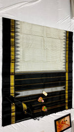 Load image into Gallery viewer, Classic Pearl Cream &amp; Charcoal Black Elegance Kanchipuram Handloom Silk Saree SS24525
