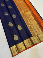 Load image into Gallery viewer, Classic Midnight Blue &amp; Orange Elegance Kanchipuram Handloom Silk Saree SS24325
