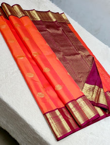 Classic Coral Orange & Berry Plum 2gm Zari Kanchipuram Handloom Silk Saree SS26382