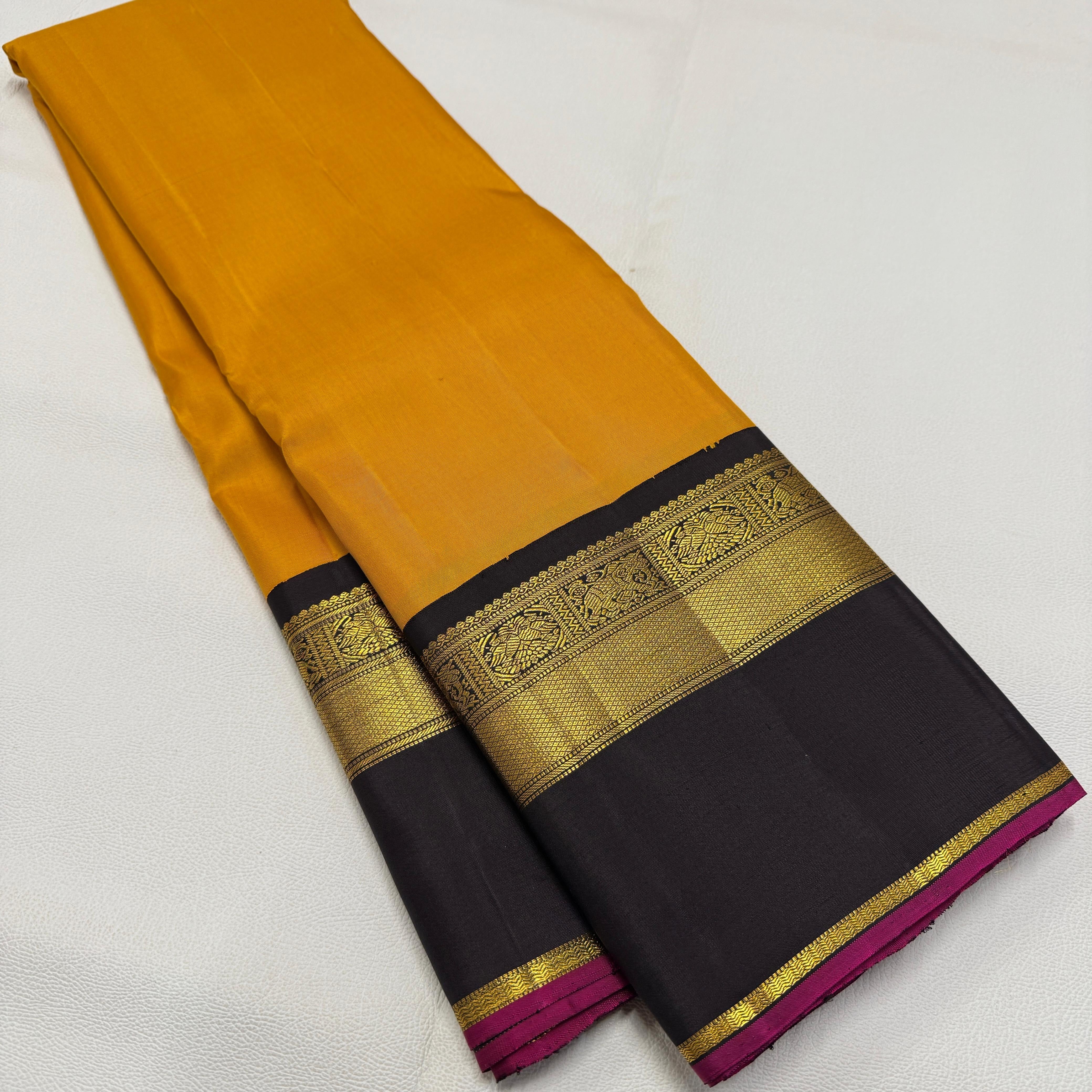 Classic Mango Yellow & Black 2gm Zari Double Side Korvai Kanchipuram Handloom Silk Saree SS25934
