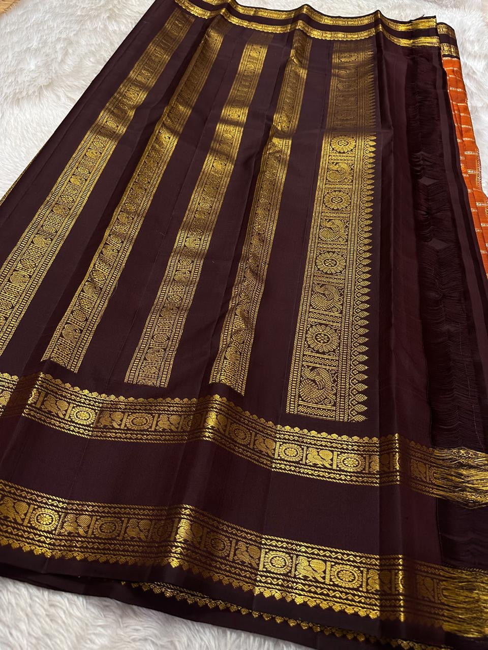 Classic Dark Orange Mustard & Dark Chocolate Kanchipuram Handloom Silk Saree SS26093