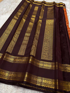 Classic Dark Orange Mustard & Dark Chocolate Kanchipuram Handloom Silk Saree SS26093