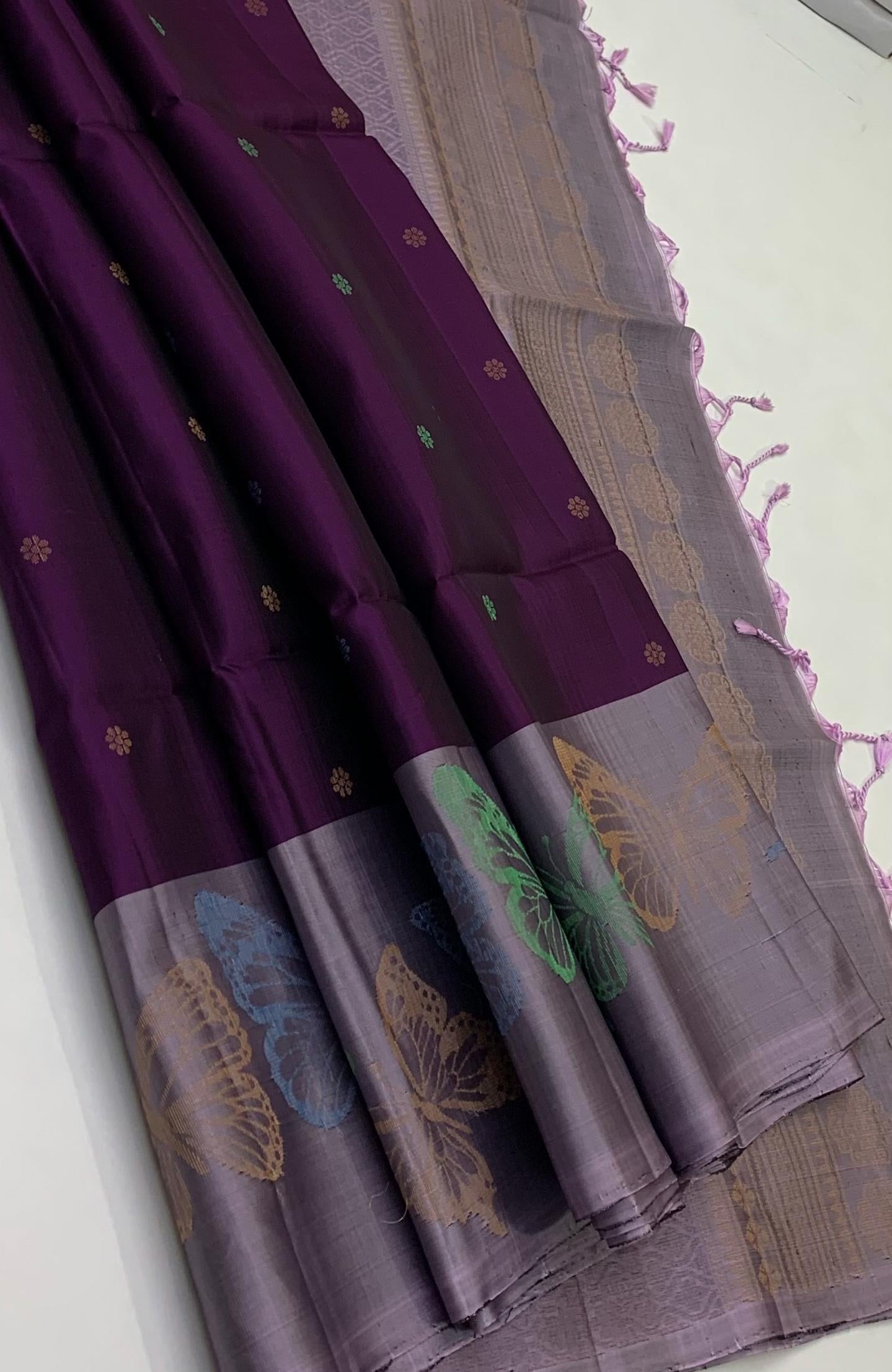 Classic Berry Purple & Steel Lavender Meena Work Turning Border Elegance Handloom Soft Silk Saree SS23458