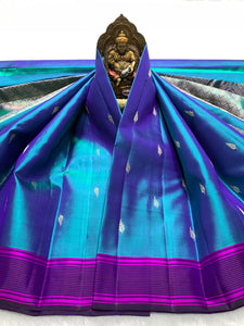Classic Peacock Blue & Fuchsia Pink 2gm Zari Kanchipuram Handloom Silk Saree SS26502