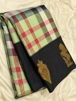 Load image into Gallery viewer, Classic Spring Green &amp; Carbon Black Checks 2gm Zari Elegance Kanchipuram Handloom Silk Saree SS27209
