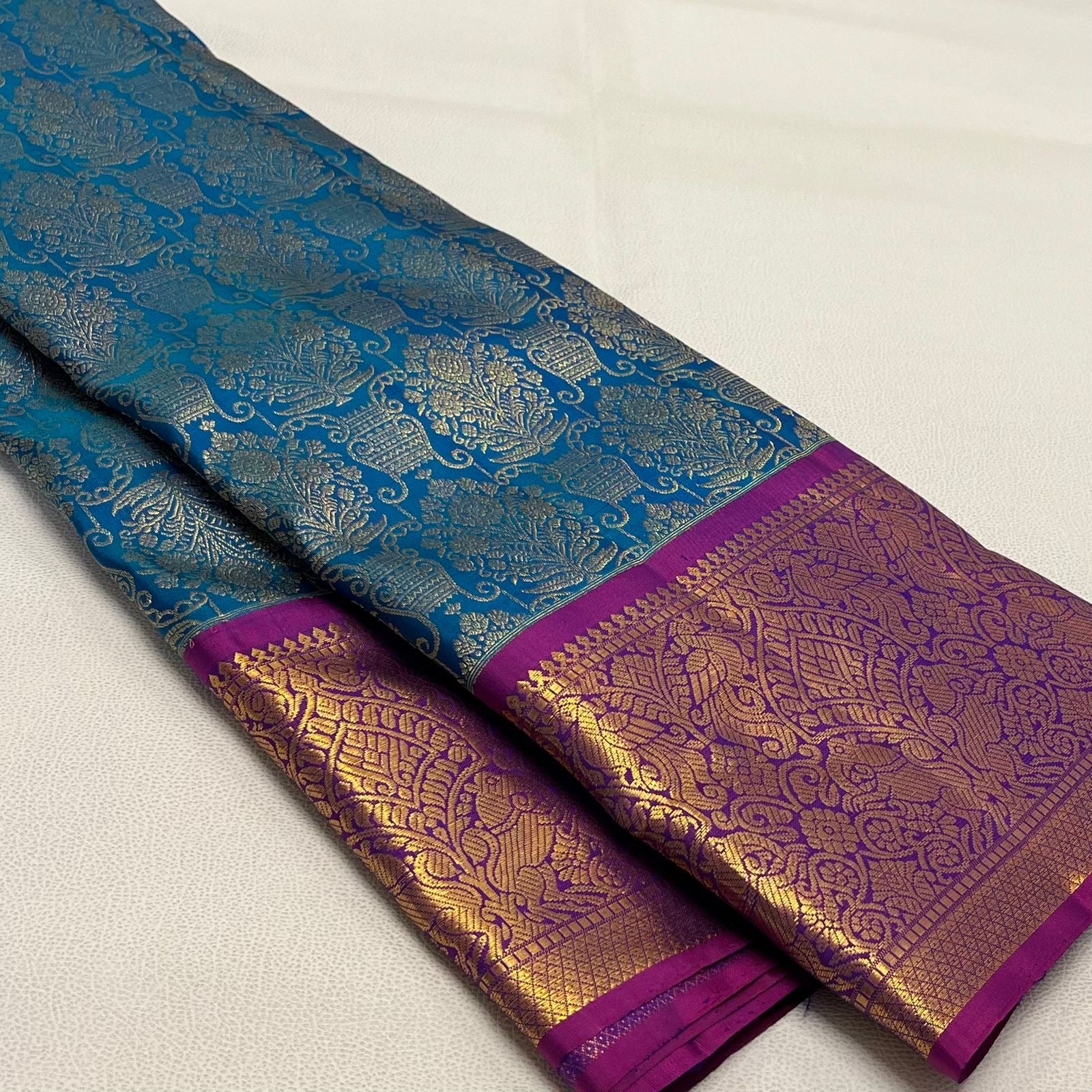 Classic Peacock Blue & Wine Purple 1gm Zari Bridal Elegance Kanchipuram Handloom Silk Saree SS19242