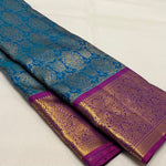 Load image into Gallery viewer, Classic Peacock Blue &amp; Wine Purple 1gm Zari Bridal Elegance Kanchipuram Handloom Silk Saree SS19242
