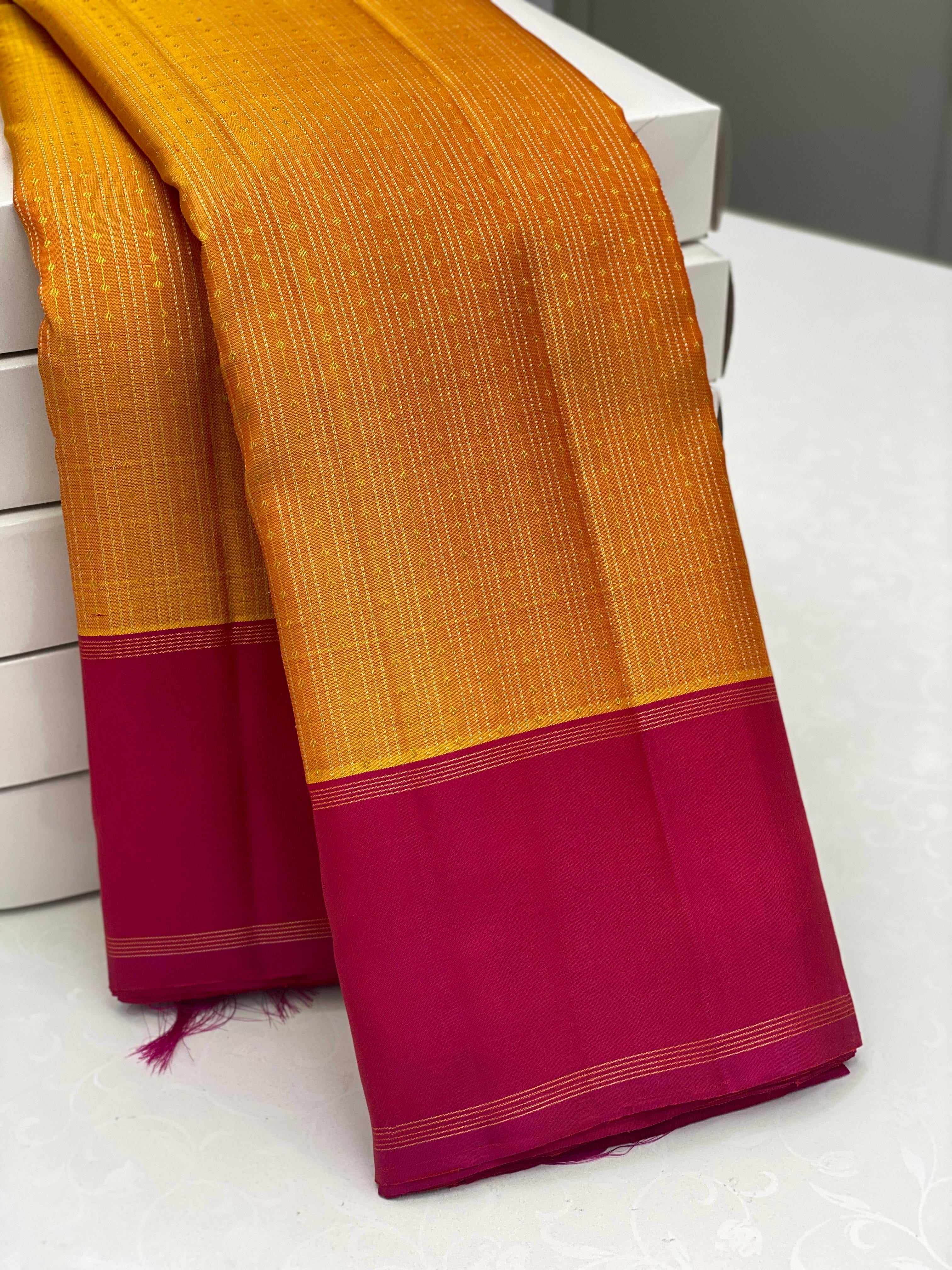 Classic Mango Yellow & Deep Pink 2gm Zari Elegance Kanchipuram Handloom Silk Saree SS25345
