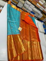 Load image into Gallery viewer, Classic Ice Blue &amp; Orange Bridal Elegance Kanchipuram Handloom Silk Saree SS23709
