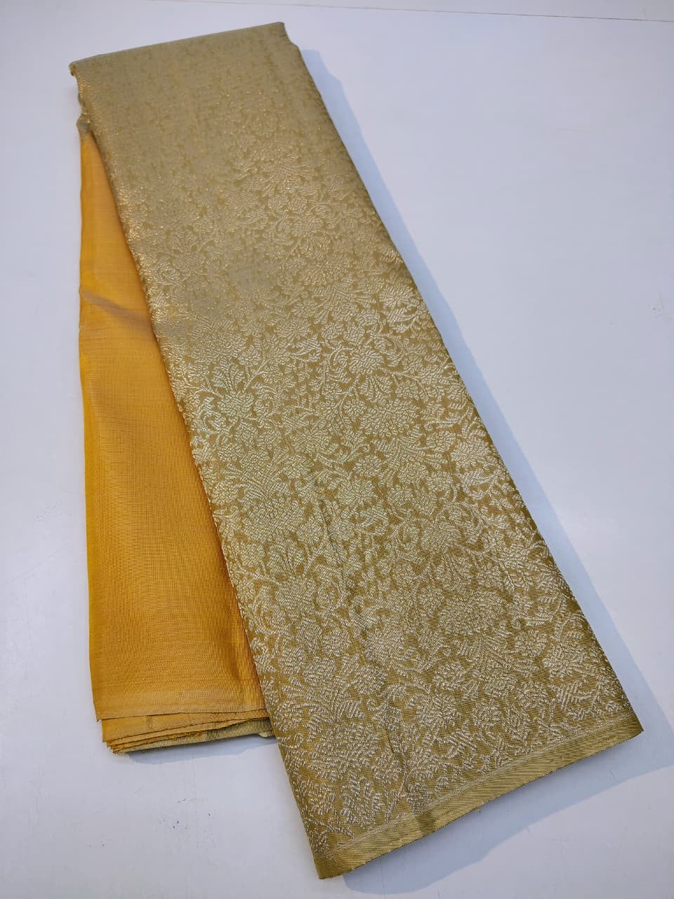 Classic Mustard & Oatmeal Beige 1gm Zari Raising Temple Border Kanchipuram Handloom Silk Saree SS26279