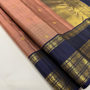 Classic Dusky Rose & Navy Blue 2gm Zari Belthari Checks Kanchipuram Handloom Silk Saree SS25730